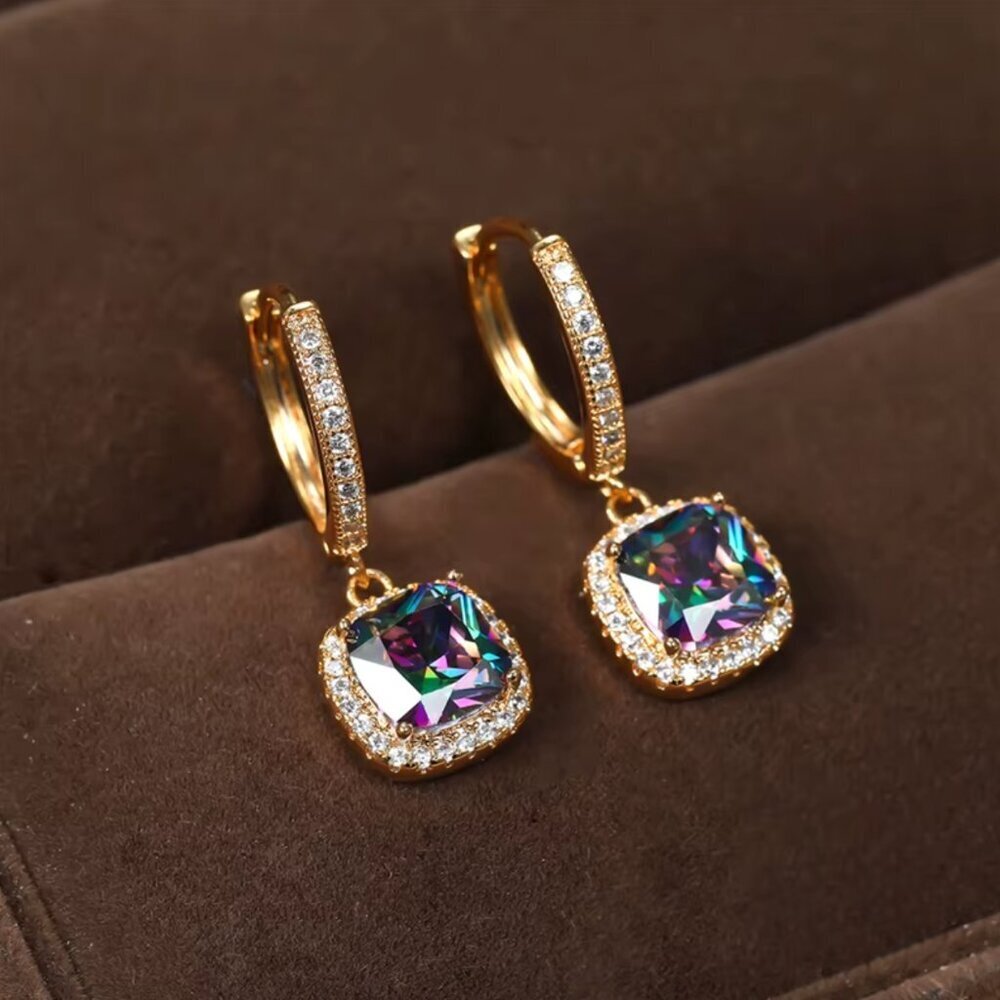 NEW 14k Gold Mystic Topaz Sapphire Diamond Hoop Earrings - Picture 2 of 5